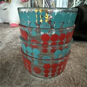 Pyrex Teal and Red Dot Glass Bowl Set